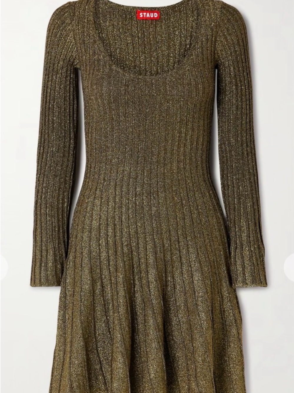 STAUD NWT Ribbed Metallic Long-Sleeve Knit Dress in Olive Gold - Picture 8 of 9